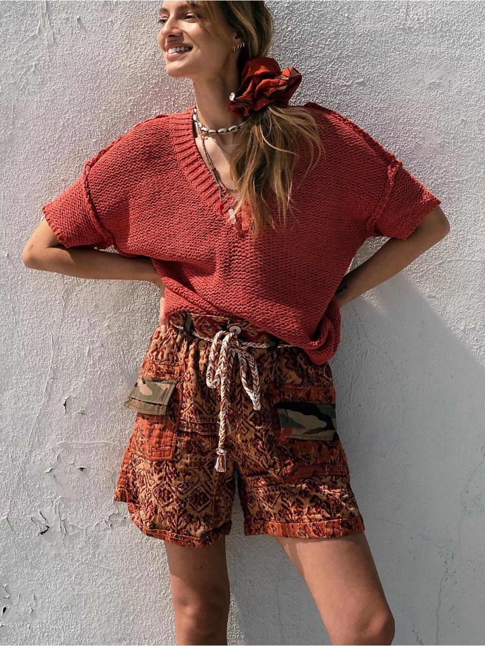 Free People Orange Printed Patchwork Kanthi Belted Shorts